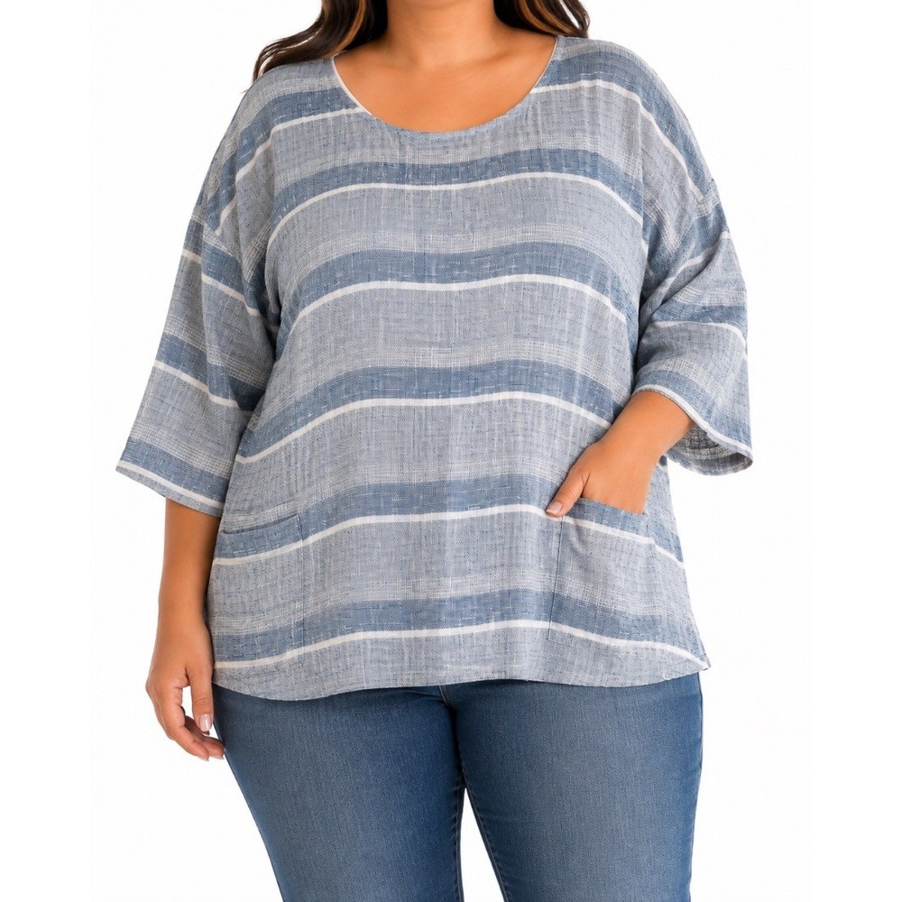 Pure Jill Womens Plus XL Linen Cotton Stripe Tunic Top Blue 3/4 Dolman Sleeve